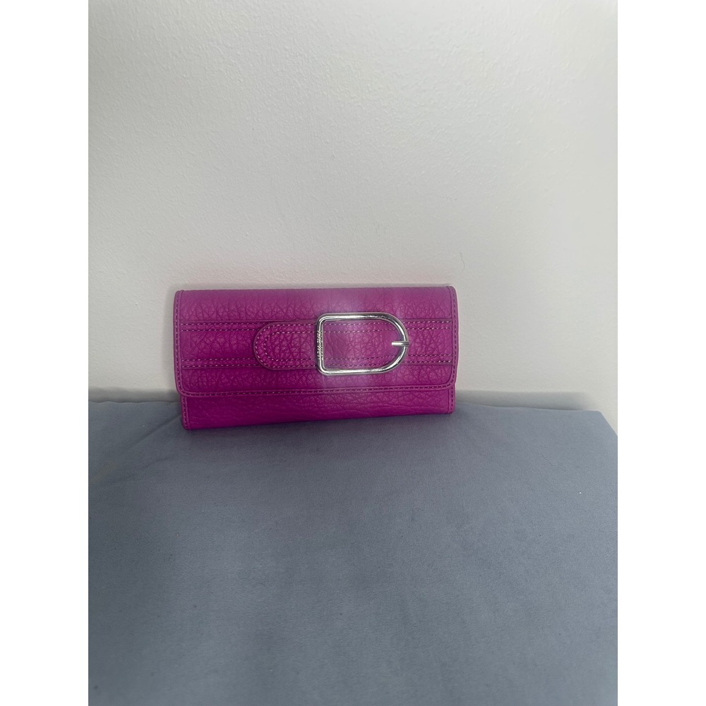 Nine West Womens Magenta Pink Pebbled Wallet Silver Buckle Tri-Fold Clutch